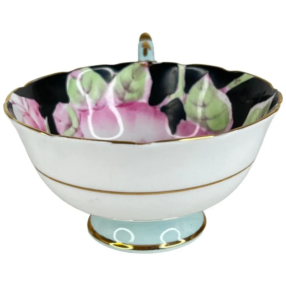 Paragon Tea Cup Pink Cabbage‎ Rose Black Blue Double Warrant Display Only FLAWS